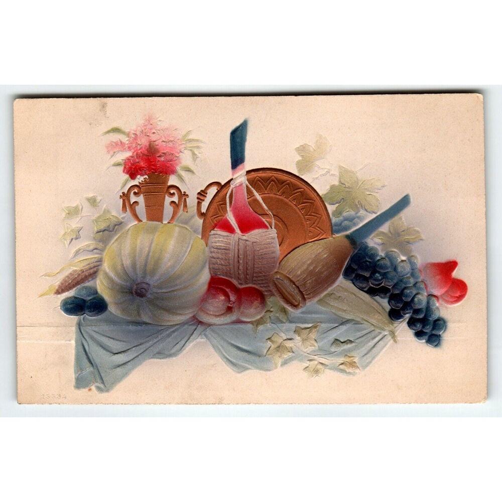 Thanksgiving Postcard Deep Embossed Wine Bottles Pumpkin Grapes Germany Antique